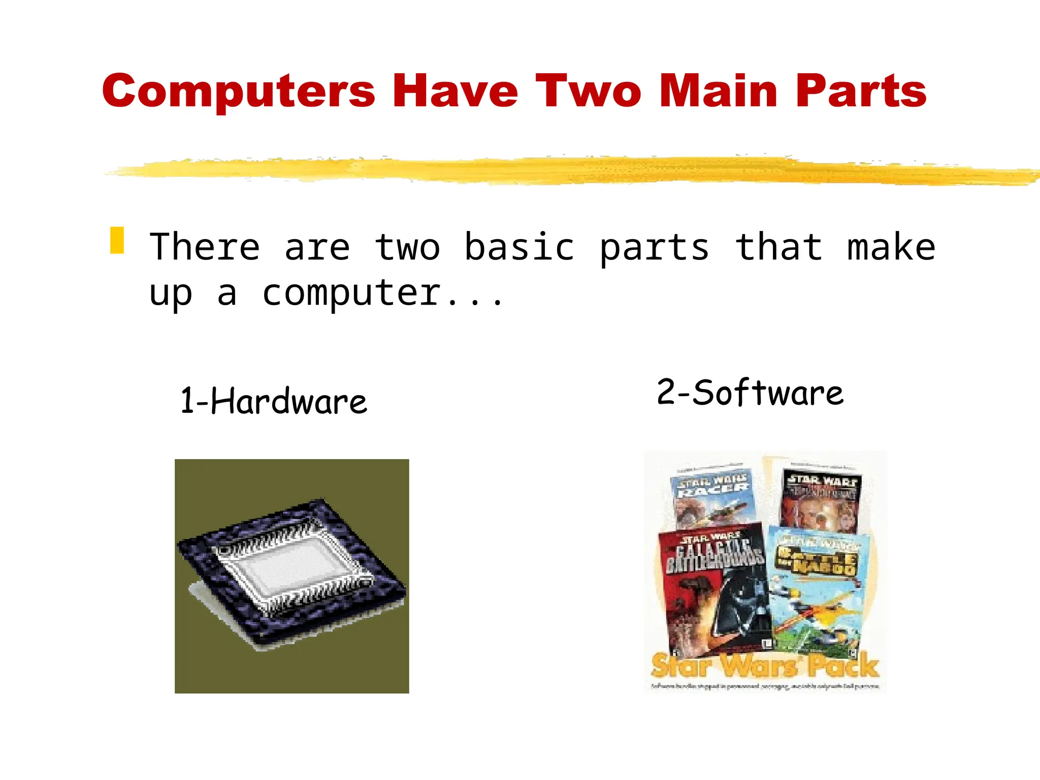 Computers Have Two Main Parts
 There are two basic parts that make
up a computer...
1-Hardware 2-Software
 
