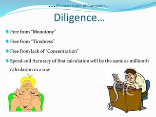 …Characteristics of Computer…
Diligence…
Free from “Monotony”
Free from “Tiredness”
Free from lack of “Concentration”
Speed and Accuracy of first calculation will be the same as millionth
calculation in a row
 