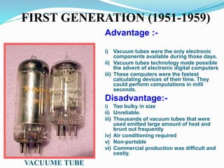 FIRST GENERATION (1951-1959)
Advantage :-
i) Vacuum tubes were the only electronic
components available during those days.
ii) Vacuum tubes technology made possible
the advent of electronic digital computers
iii) These computers were the fastest
calculating devices of their time. They
could perform computations in milli
seconds.
Disadvantage:-
i) Too bulky in size
ii) Unreliable.
iii) Thousands of vacuum tubes that were
used emitted large amount of heat and
brunt out frequently
iv) Air conditioning required
v) Non-portable
vi) Commercial production was difficult and
costly.
VACUUME TUBE
 