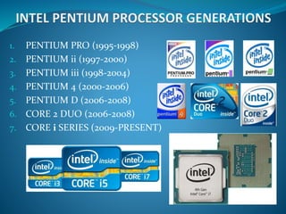 1. PENTIUM PRO (1995-1998)
2. PENTIUM ii (1997-2000)
3. PENTIUM iii (1998-2004)
4. PENTIUM 4 (2000-2006)
5. PENTIUM D (2006-2008)
6. CORE 2 DUO (2006-2008)
7. CORE i SERIES (2009-PRESENT)
 