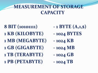 MEASUREMENT OF STORAGE
CAPACITY
8 BIT (10101111) - 1 BYTE (A,1,$)
1 KB (KILOBYTE) - 1024 BYTES
1 MB (MEGABYTE) - 1024 KB
1 GB (GIGABYTE) - 1024 MB
1 TB (TERABYTE) - 1024 GB
1 PB (PETABYTE) - 1024 TB
 