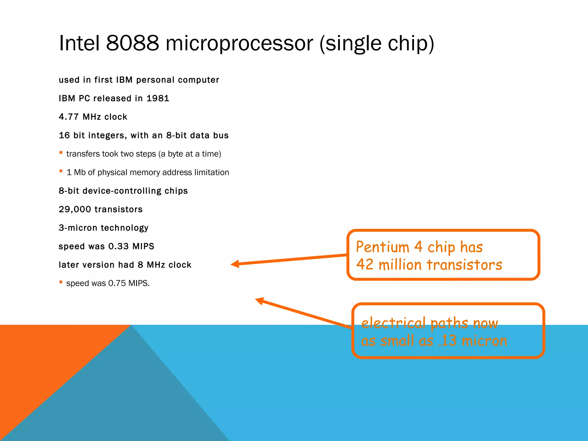 Intel 8088 microprocessor (single chip)
used in first IBM personal computer
IBM PC released in 1981
4.77 MHz clock
16 bit integers, with an 8-bit data bus
 transfers took two steps (a byte at a time)
 1 Mb of physical memory address limitation
8-bit device-controlling chips
29,000 transistors
3-micron technology
speed was 0.33 MIPS
later version had 8 MHz clock
 speed was 0.75 MIPS.
electrical paths now
as small as .13 micron
Pentium 4 chip has
42 million transistors
 