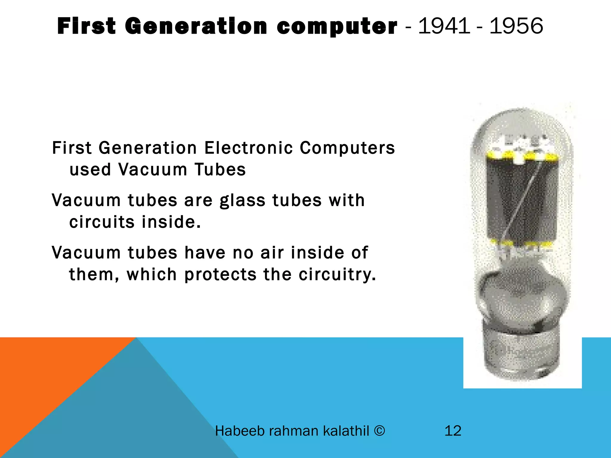 First Generation computer - 1941 - 1956
First Generation Electronic Computers
used Vacuum Tubes
Vacuum tubes are glass tubes with
circuits inside.
Vacuum tubes have no air inside of
them, which protects the circuitry.
Habeeb rahman kalathil © 12
 