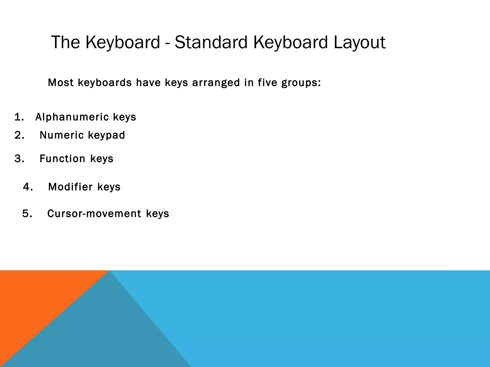 5. Cursor-movement keys
4. Modifier keys
3. Function keys
2. Numeric keypad
1. Alphanumeric keys
Most keyboards have keys arranged in five groups:
The Keyboard - Standard Keyboard Layout
 