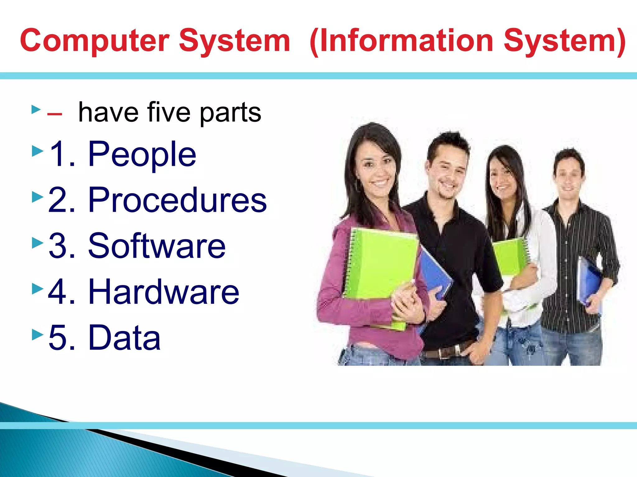  – have five parts
1. People
2. Procedures
3. Software
4. Hardware
5. Data
Computer System (Information System)
 