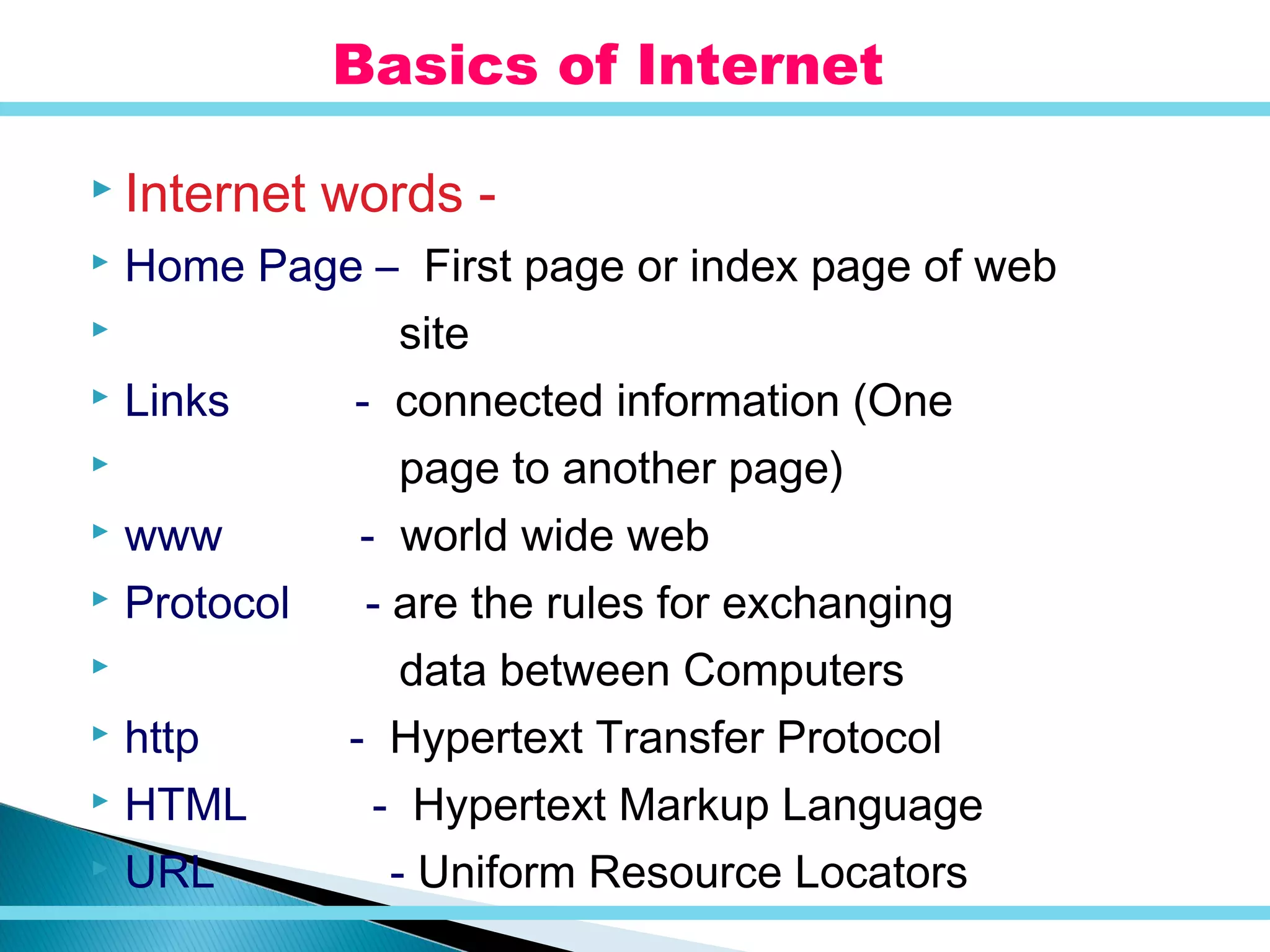 Internet words -
 Home Page – First page or index page of web
 site
 Links - connected information (One
 page to another page)
 www - world wide web
 Protocol - are the rules for exchanging
 data between Computers
 http - Hypertext Transfer Protocol
 HTML - Hypertext Markup Language
 URL - Uniform Resource Locators
Basics of Internet
 