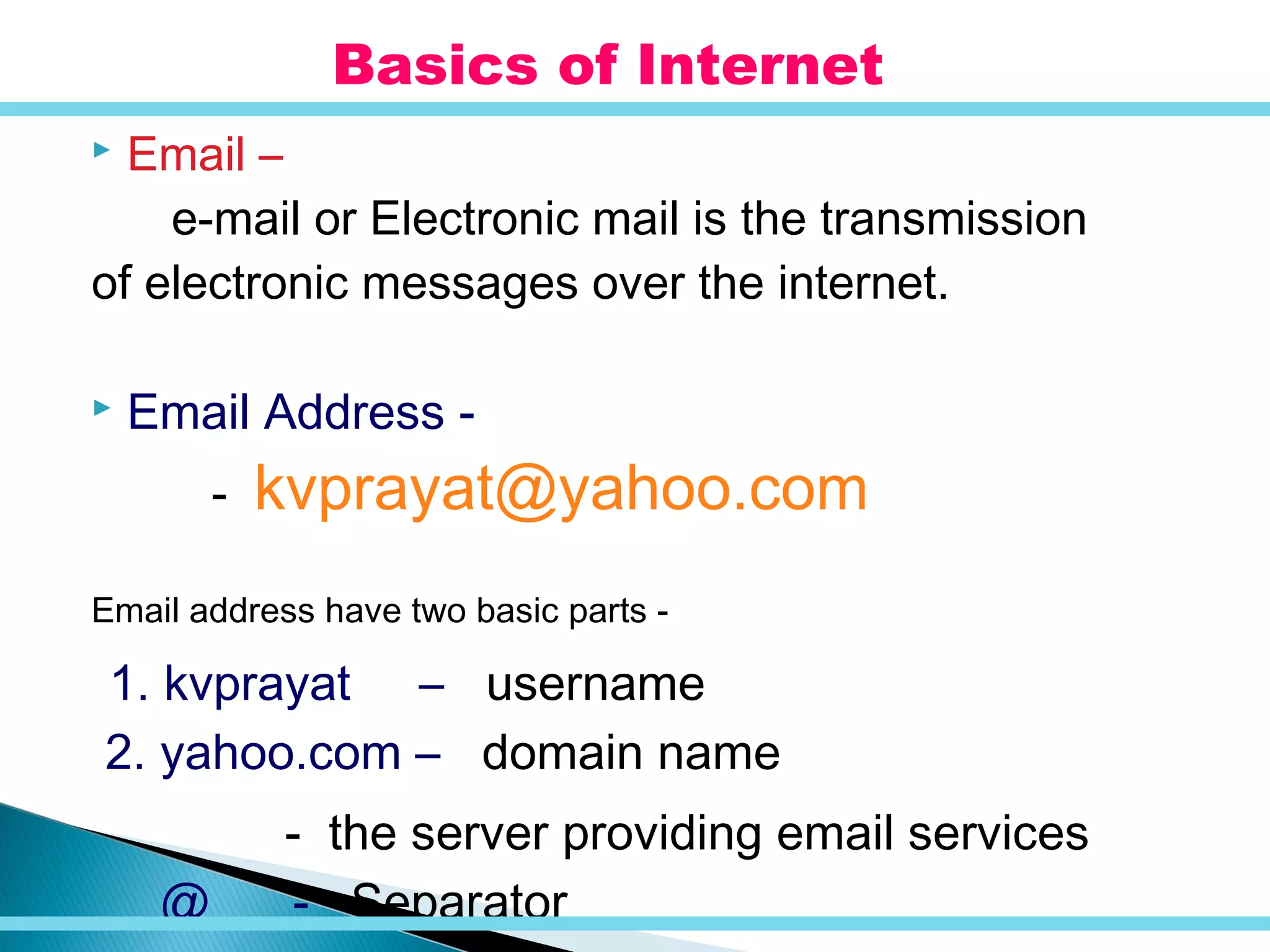  Email –
e-mail or Electronic mail is the transmission
of electronic messages over the internet.
 Email Address -
- kvprayat@yahoo.com
Email address have two basic parts -
1. kvprayat – username
2. yahoo.com – domain name
- the server providing email services
@ - Separator
Basics of Internet
 
