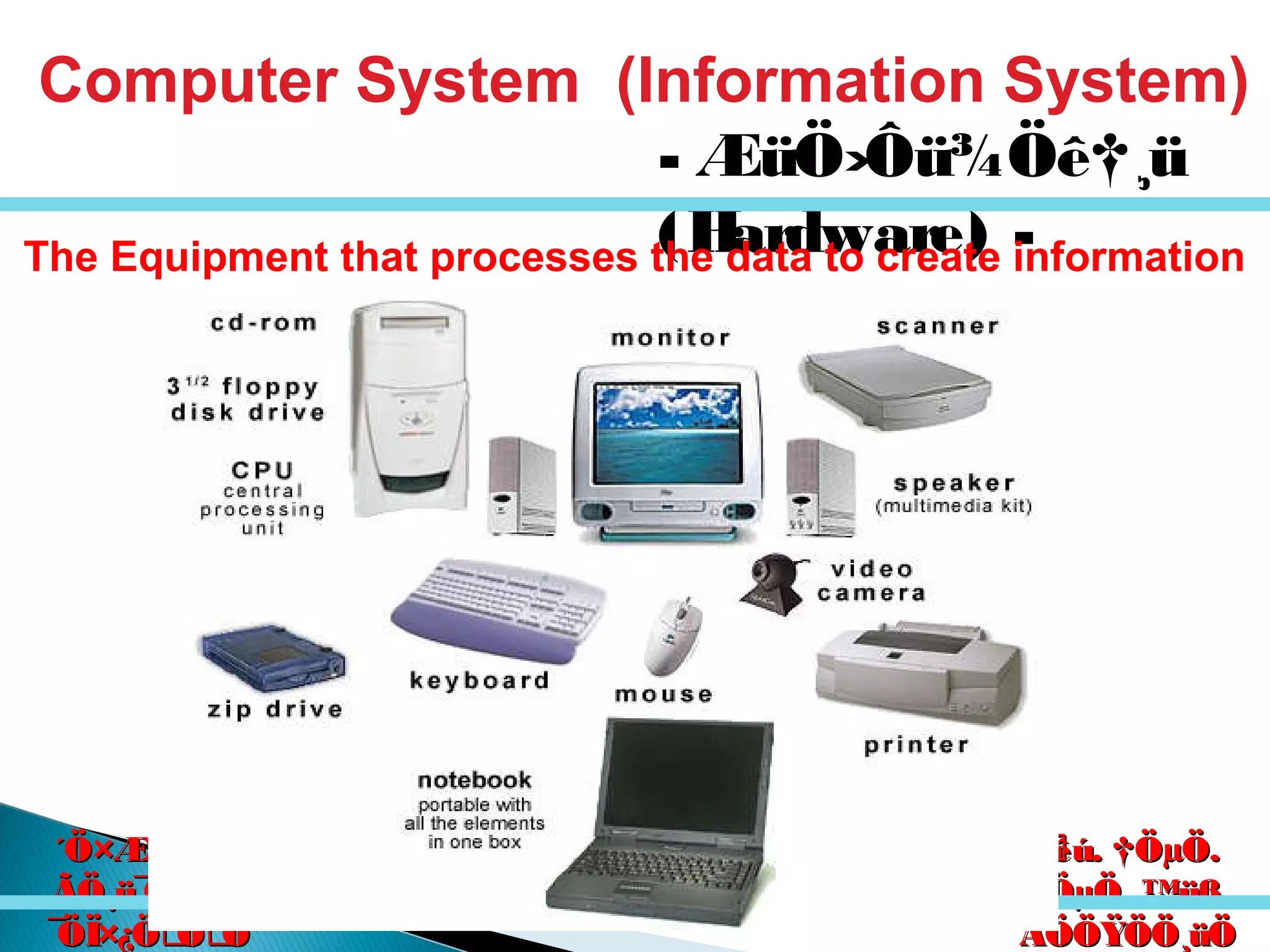 êú. †ÖµÖ.êú. †ÖµÖ.
†ÖµÖ. ™üß.†ÖµÖ. ™üß.
ÃÖÖŸÖÖ¸üÖÃÖÖŸÖÖ¸üÖ
´Ö×Æü»ÖÖ´Ö×Æü»ÖÖ
ÃÖ¸ü¯ÖÓ“ÖÃÖ¸ü¯ÖÓ“Ö
¯ÖÏ×¿ÖÖÖ¯ÖÏ×¿ÖÖÖ
- ÆüÖ›Ôü¾Öê†¸ü
(Hardware) -
Computer System (Information System)
The Equipment that processes the data to create information
 