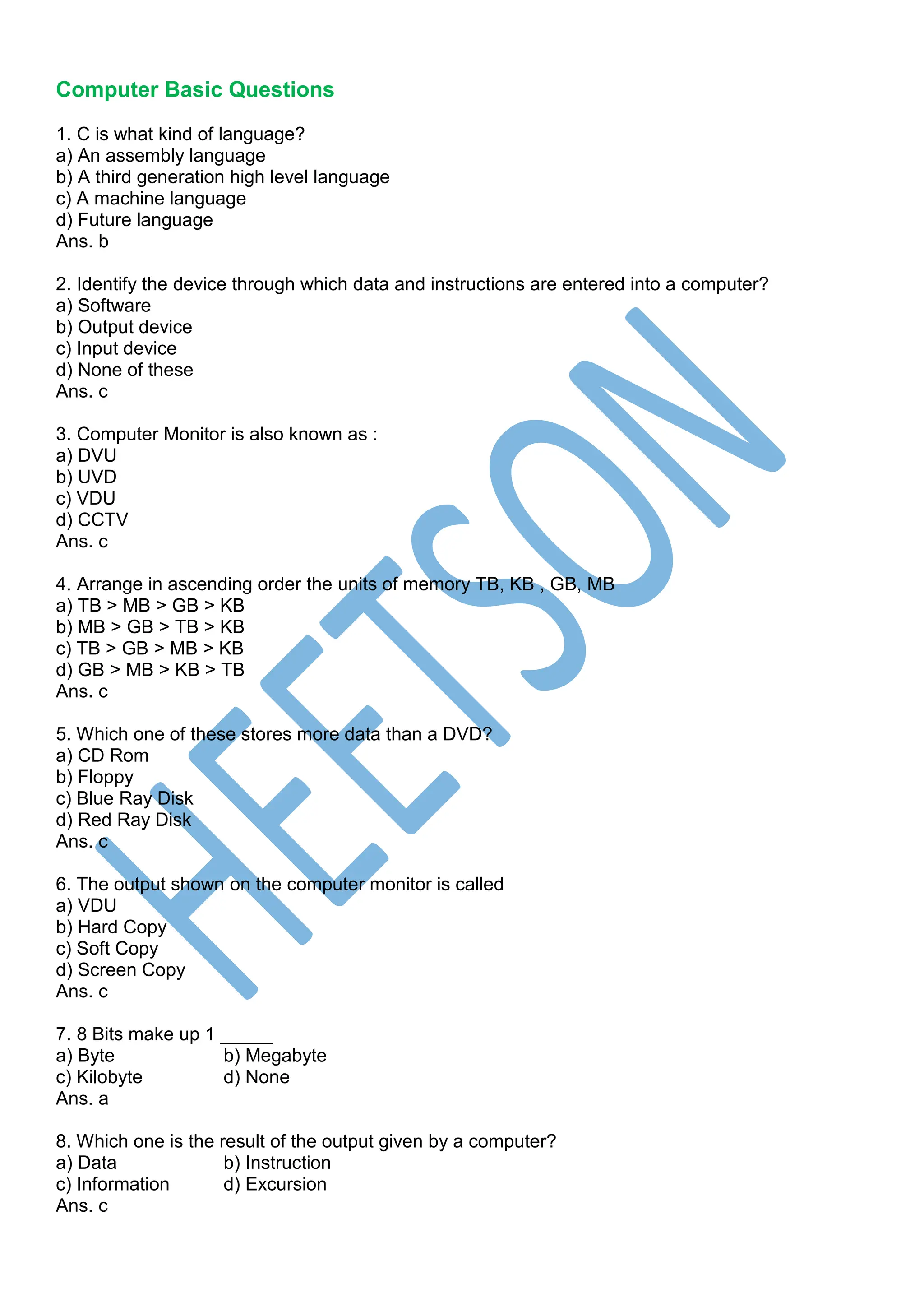 Computer Basic Questions and answers MCQ | PDF | Programming Languages ...