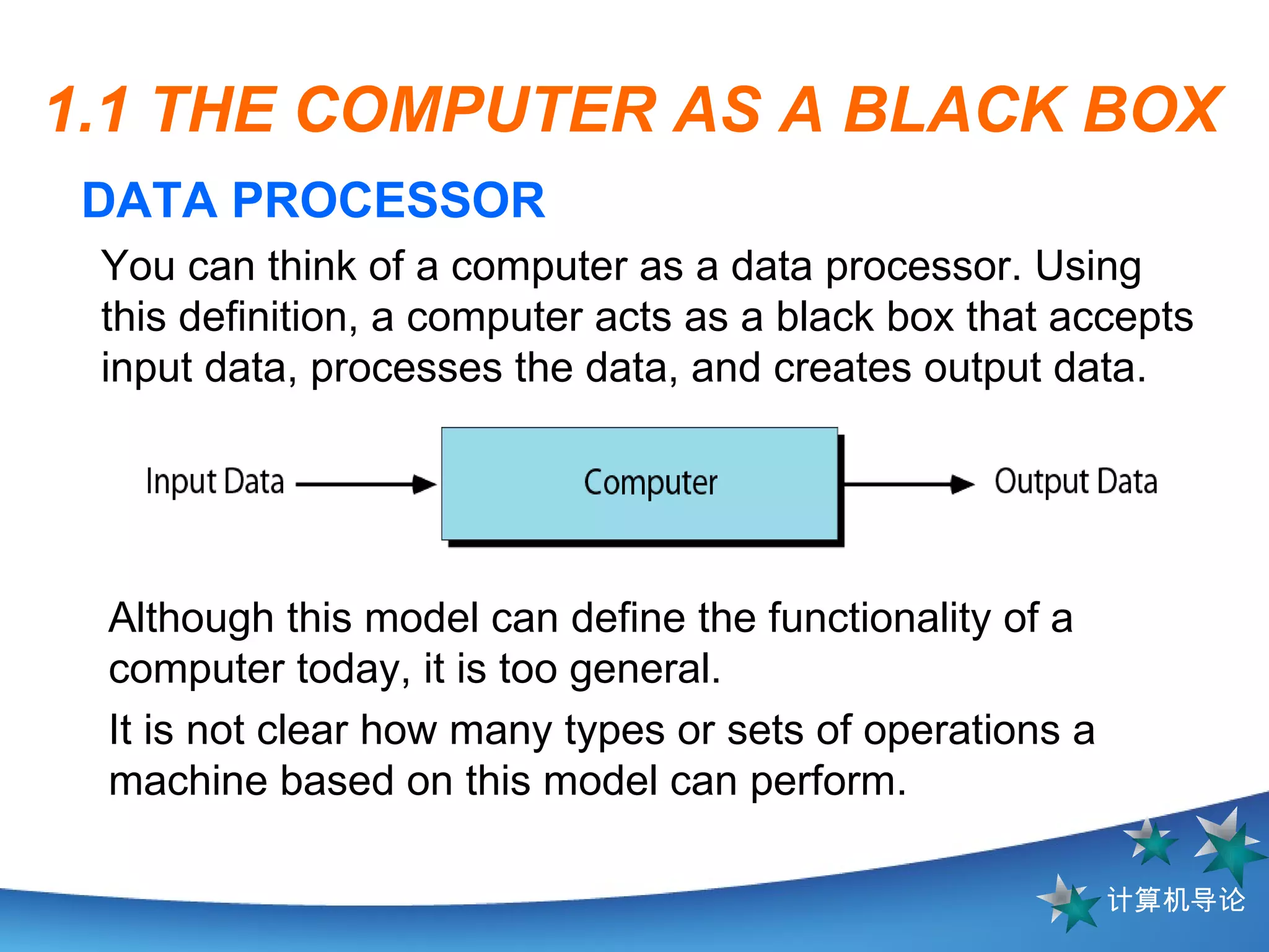 1.1 THE COMPUTER AS A BLACK BOX DATA PROCESSOR You can think of a computer as a data processor. Using this definition, a computer acts as a black box that accepts input data, processes the data, and creates output data.  Although this model can define the functionality of a computer today, it is too general.  It is not clear how many types or sets of operations a machine based on this model can perform.  