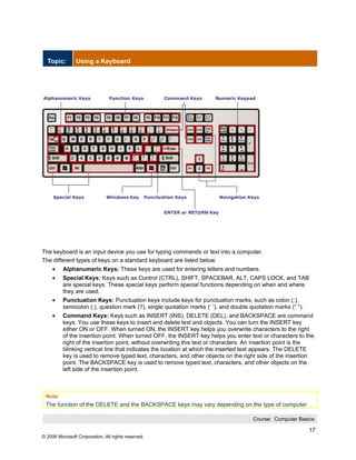 Topic:        Using a Keyboard




The keyboard is an input device you use for typing commands or text into a computer.
The different types of keys on a standard keyboard are listed below:
     •    Alphanumeric Keys: These keys are used for entering letters and numbers.
     •    Special Keys: Keys such as Control (CTRL), SHIFT, SPACEBAR, ALT, CAPS LOCK, and TAB
          are special keys. These special keys perform special functions depending on when and where
          they are used.
     •    Punctuation Keys: Punctuation keys include keys for punctuation marks, such as colon (:),
          semicolon (;), question mark (?), single quotation marks (‘ ’), and double quotation marks (“ ”).
     •    Command Keys: Keys such as INSERT (INS), DELETE (DEL), and BACKSPACE are command
          keys. You use these keys to insert and delete text and objects. You can turn the INSERT key
          either ON or OFF. When turned ON, the INSERT key helps you overwrite characters to the right
          of the insertion point. When turned OFF, the INSERT key helps you enter text or characters to the
          right of the insertion point, without overwriting this text or characters. An insertion point is the
          blinking vertical line that indicates the location at which the inserted text appears. The DELETE
          key is used to remove typed text, characters, and other objects on the right side of the insertion
          point. The BACKSPACE key is used to remove typed text, characters, and other objects on the
          left side of the insertion point.



 Note:
 The function of the DELETE and the BACKSPACE keys may vary depending on the type of computer

                                                                                      Course: Computer Basics

                                                                                                              17
© 2006 Microsoft Corporation, All rights reserved.
 