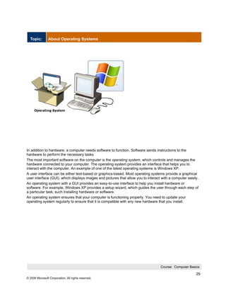 Topic:        About Operating Systems




In addition to hardware, a computer needs software to function. Software sends instructions to the
hardware to perform the necessary tasks.
The most important software on the computer is the operating system, which controls and manages the
hardware connected to your computer. The operating system provides an interface that helps you to
interact with the computer. An example of one of the latest operating systems is Windows XP.
A user interface can be either text-based or graphics-based. Most operating systems provide a graphical
user interface (GUI), which displays images and pictures that allow you to interact with a computer easily.
An operating system with a GUI provides an easy-to-use interface to help you install hardware or
software. For example, Windows XP provides a setup wizard, which guides the user through each step of
a particular task, such installing hardware or software.
An operating system ensures that your computer is functioning properly. You need to update your
operating system regularly to ensure that it is compatible with any new hardware that you install.




                                                                                   Course: Computer Basics

                                                                                                         29
© 2006 Microsoft Corporation, All rights reserved.
 