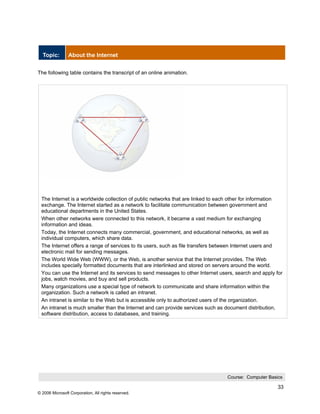 Topic:        About the Internet


The following table contains the transcript of an online animation.




 The Internet is a worldwide collection of public networks that are linked to each other for information
 exchange. The Internet started as a network to facilitate communication between government and
 educational departments in the United States.
 When other networks were connected to this network, it became a vast medium for exchanging
 information and ideas.
 Today, the Internet connects many commercial, government, and educational networks, as well as
 individual computers, which share data.
 The Internet offers a range of services to its users, such as file transfers between Internet users and
 electronic mail for sending messages.
 The World Wide Web (WWW), or the Web, is another service that the Internet provides. The Web
 includes specially formatted documents that are interlinked and stored on servers around the world.
 You can use the Internet and its services to send messages to other Internet users, search and apply for
 jobs, watch movies, and buy and sell products.
 Many organizations use a special type of network to communicate and share information within the
 organization. Such a network is called an intranet.
 An intranet is similar to the Web but is accessible only to authorized users of the organization.
 An intranet is much smaller than the Internet and can provide services such as document distribution,
 software distribution, access to databases, and training.




                                                                                 Course: Computer Basics

                                                                                                      33
© 2006 Microsoft Corporation, All rights reserved.
 