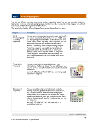 Topic:        Productivity Programs


You can use different computer programs to perform a variety of tasks. You can use computer programs
to organize numbers, write letters or proposals, maintain records, create and modify images, convert text
into visuals, and create magazines and brochures.
The table below lists the different types of programs and describes their uses.

 Program                   Description

  Word-                    You use word-processing programs to create and modify
  Processing and           text-based documents. You can type in and modify text,
  Publishing               use the spelling checker and the built-in thesaurus, and
  Programs                 format the document. By using these programs, you can
                           also create personal and professional documents.
                           Word is a commonly used word-processing program.
                           Publishing programs are used to combine text and
                           graphics to create documents such as brochures,
                           greeting cards, annual reports, books, or magazines.
                           These programs also include word-processing and
                           graphics features that allow you to refine parts of the
                           document.



  Presentation             You use presentation programs to present your
  Programs                 information in the form of slides. You can add sound and
                           pictures to these slides to make them more attractive and
                           informative.
                           Microsoft Office PowerPoint® 2003 is a commonly used
                           presentation program.




  Spreadsheet              You use spreadsheet programs to create budgets,
  Programs                 manage accounts, perform mathematical calculations,
                           and convert numerical data into charts and graphs.
                           Spreadsheets store information in a table, with values
                           spread over horizontal rows and vertical columns. Each
                           value is stored in a cell. A cell is the intersection of a row
                           and a column.
                           Microsoft Office Excel® 2003 is an example of a
                           spreadsheet program.




                                                                                            Course: Computer Basics

                                                                                                                 45
© 2006 Microsoft Corporation, All rights reserved.
 