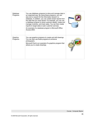 Database                 You use database programs to store and manage data in
  Programs                 an organized way. By using these programs, you can
                           also sort or search for the information stored in a
                           database. In addition, you can create simple reports from
                           the data that you have stored. For example, you can use
                           a database program to store customer details, create and
                           manage inventory, and track sales. You can then create
                           reports to target sales or plan customer services.
                           An example of a database program is Microsoft Office
                           Access 2003.



  Graphics                 You use graphics programs to create and edit drawings.
  Programs                 You can also use these programs to enhance
                           photographs.
                           Microsoft Paint is an example of a graphics program that
                           allows you to create drawings.




                                                                                       Course: Computer Basics

                                                                                                            46
© 2006 Microsoft Corporation, All rights reserved.
 