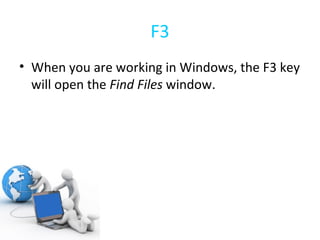 F3 When you are working in Windows, the F3 key will open the  Find Files  window. 