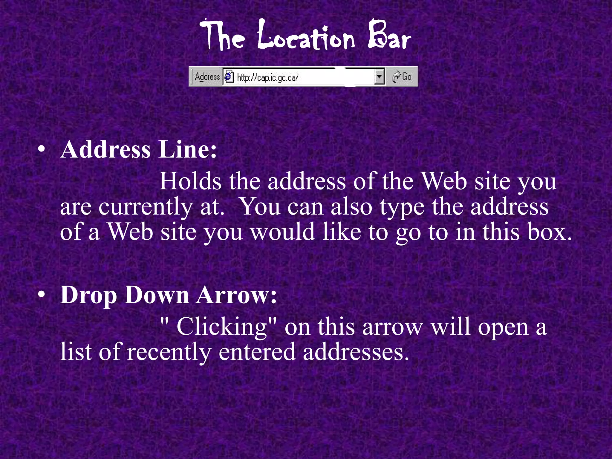 The Navigation BarYou can see this bar at the top of your current screen if you are using Internet explorer. All browsers will have most of these options, but they may have a different name.					Options:  Back: Shows you the last Web page you were on.Forward: Sends you ahead to the next Web page.  You are only able to use this button when you have previously used the Back Button.Stop:  Stops a Web site from loading.  This is useful if you change your mind while waiting for a page to load.Refresh:  Reloads a page that is not being displayed or is being displayed improperly.  Sometimes pages will run into problems when they are loading.  Using the refresh button can help if pages are taking too long to load.Home:  This button returns you to your “home” Web page.  Your “home” page is a Web page that is set to always show up when you  first start your browser.Search: Opens a search program that helps you find key words on the Internet.Favorites: Opens a list of Web site addresses saved by the user.History:   Lists the Web pages you have visited by date.Mail:  Opens the computers e-mail program.Print: Prints the Web page you are currently looking at.