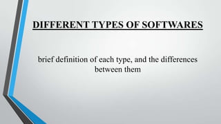 DIFFERENT TYPES OF SOFTWARES

brief definition of each type, and the differences
between them

 