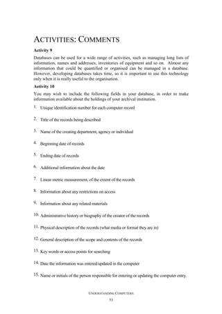 ACTIVITIES: COMMENTS
Activity 9
Databases can be used for a wide range of activities, such as managing long lists of
information, names and addresses, inventories of equipment and so on. Almost any
information that could be quantified or organised can be managed in a database.
However, developing databases takes time, so it is important to use this technology
only when it is really useful to the organisation.
Activity 10
You may wish to include the following fields in your database, in order to make
information available about the holdings of your archival institution.
1. Unique identification number for each computer record
2. Title of the records being described
3. Name of the creating department, agency or individual
4. Beginning date of records
5. Ending date of records
6. Additional information about the date
7. Linear metric measurement, of the extent of the records
8. Information about any restrictions on access
9. Information about any related materials
10. Administrative history or biography of the creator of the records
11. Physical description of the records (what media or format they are in)
12. General description of the scope and contents of the records
13. Key words or access points for searching
14. Date the information was entered/updated in the computer
15. Name or initials of the person responsible for entering or updating the computer entry.

UNDERSTANDING COMPUTERS
53

 