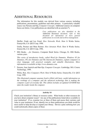 ADDITIONAL RESOURCES
The information for this module was derived from various sources including
publications, presentations, guidelines and other primers. A particularly valuable
source was Parsons and Oja, Computer Concepts. Additional sources on computer
basics are below. Core publications are identified with an asterisk (*).
Core publications are also identified in the
Additional Resources document; refer to that
document for information on more general
publications on records and archives management.

Derfler, Frank and Les Freed. How Networks Work. How It Works Series.
Emeryville, CA: QUE Corp, 1998.
Gralla, Preston and Mina Reimer. How Intranets Work. How It Works Series.
Emeryville, CA: QUE Corp, 1996.
* IDG Books. …for Dummies. Computer Book Series. Chicago, IL: IDG Books,
various years.
This series of introductory books, called Word for Dummies, Windows 95 for
Dummies, PCs for Dummies and The Internet for Dummies, explain computers in
clear language, with practical examples and valuable illustrations. More
information is available at http://www.dummies.com.
* Parsons, June Jamrich and Dan Oja. Computer Concepts. Cambridge, MA: Course
Technology, 1999.
White, Ron. How Computers Work. How It Works Series. Emeryville, CA: QUE
Corp, 1998.
This illustrated computer anatomy book is filled with basic, useful information on
the workings of a computer and the advanced technology that is making the
computer a part of everyday life. This edition includes an updated CD-ROM that
takes the reader inside the computer.

Activity 14
Check your institution’s library or resource centre. What books or other resources do
you have about computer issues? Are any of the publications listed above available in
your institution? If so, examine two or three of them and assess their currency and
value to your institution. If not, identify two or three publications you think would be
most useful to help develop or expand your library. Devise a plan outlining how you
could realistically obtain copies of these

UNDERSTANDING COMPUTERS
60

 
