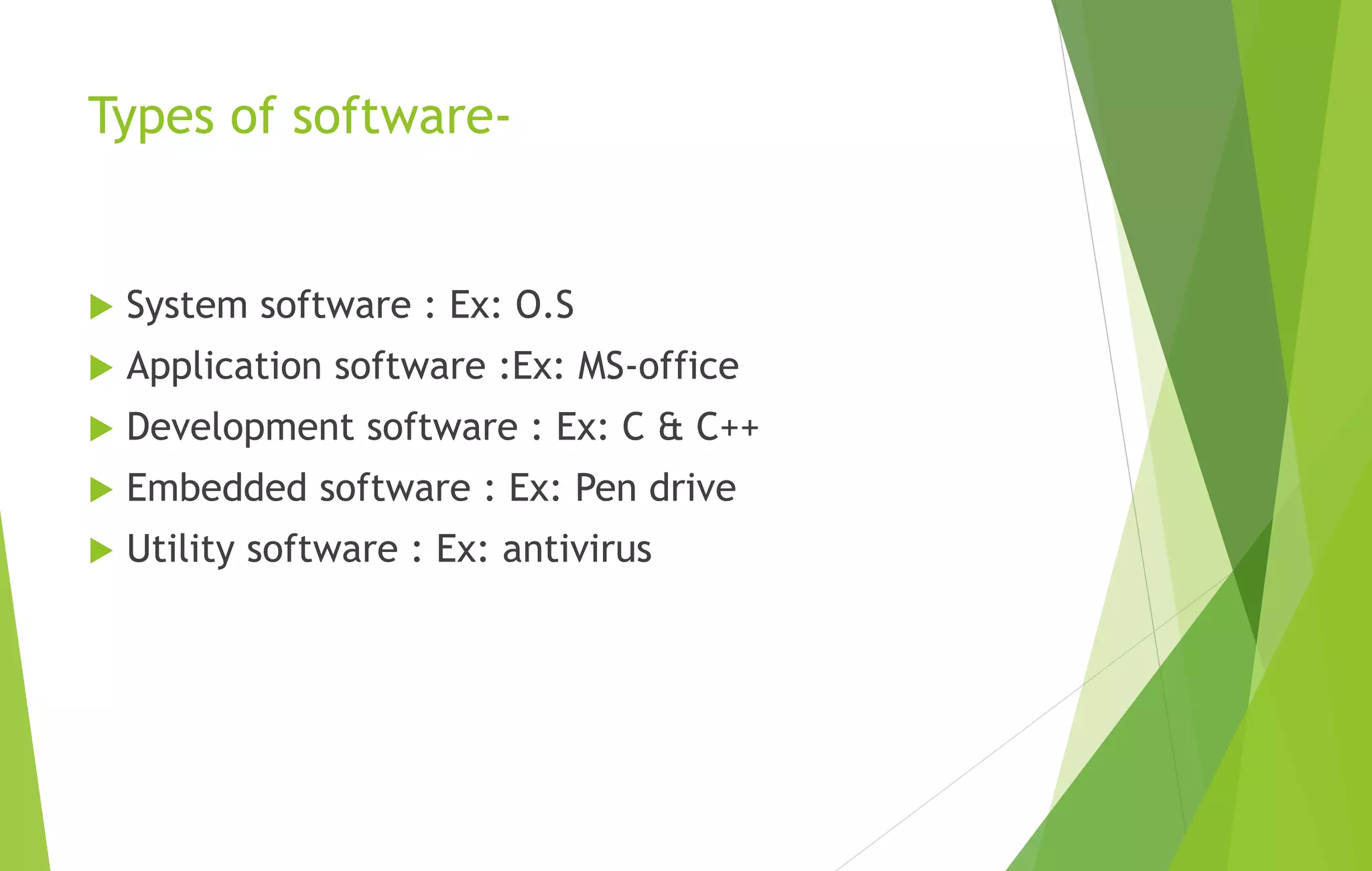 Types of software-
 System software : Ex: O.S
 Application software :Ex: MS-office
 Development software : Ex: C & C++
 Embedded software : Ex: Pen drive
 Utility software : Ex: antivirus
 
