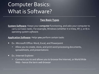 Computer Basics:
The Desktop
Icon: Recycle Bin

Background, or Wallpaper

Icon: Program (Software)
Icon: Folder (Files)

Icon: File

What’s
this?

Start Button

Taskbar

 