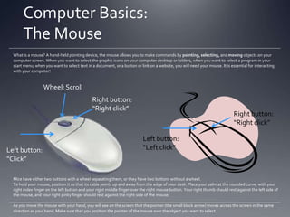 Computer Basics:
The Mouse
Do this!

But how do I…

And why?

Click (Left-click or
single click)

Press the left button of your
mouse once. Let go.

This allows you to select an icon or
an object.

Double-click

Press the left button of your
mouse twice very rapidly.
Let go.

Select and open/activate
simultaneously

Right-click

Press the right button of
your mouse once. Let go.

Access a shortcut menu, tailored to
the object you have selected

Drag

Hold down the left button
of your mouse, as you move
the mouse. When the
mouse is in a chosen
location, let go.

Move your selections: text, an image,
or another object

Quick Tip! Is your cursor off screen? Are you pulling the mouse over the edge of your desk? Don’t get frustrated! Just lift the mouse off
the desktop, and reposition it further from the edge so that you have sufficient room to move it around.

 
