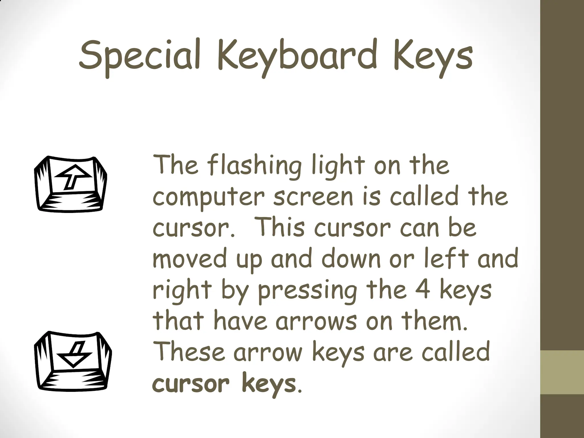 Special Keyboard Keys
The flashing light on the
computer screen is called the
cursor. This cursor can be
moved up and down or left and
right by pressing the 4 keys
that have arrows on them.
These arrow keys are called
cursor keys.
 