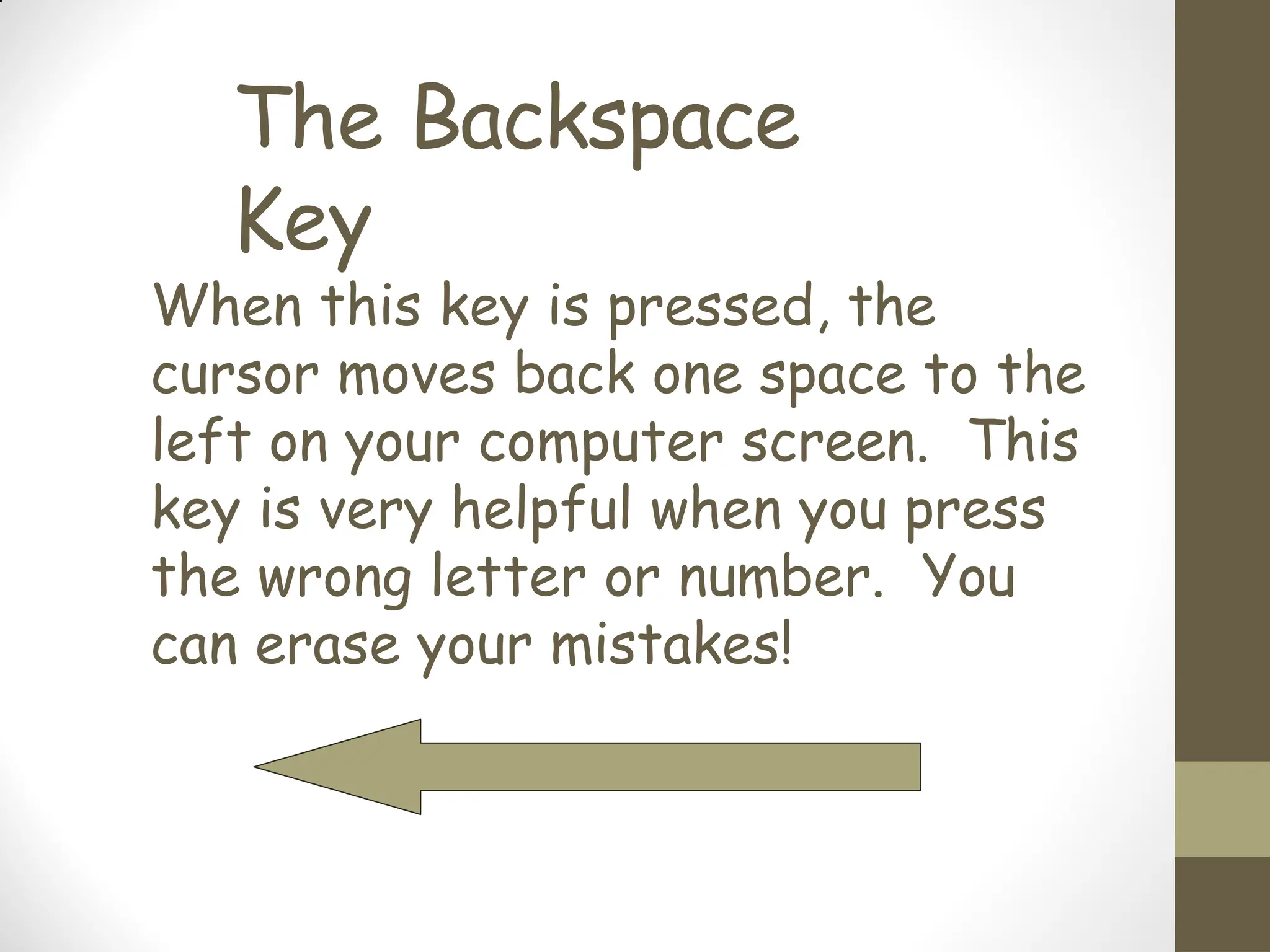 The Backspace
Key
When this key is pressed, the
cursor moves back one space to the
left on your computer screen. This
key is very helpful when you press
the wrong letter or number. You
can erase your mistakes!
 