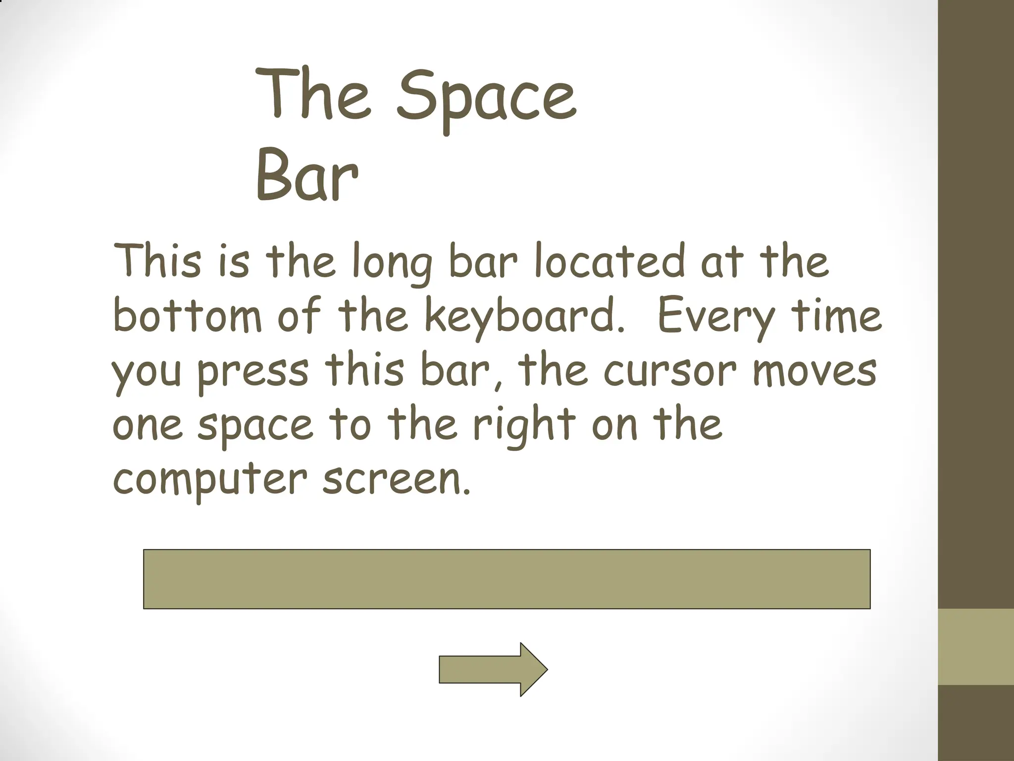 The Space
Bar
This is the long bar located at the
bottom of the keyboard. Every time
you press this bar, the cursor moves
one space to the right on the
computer screen.
 