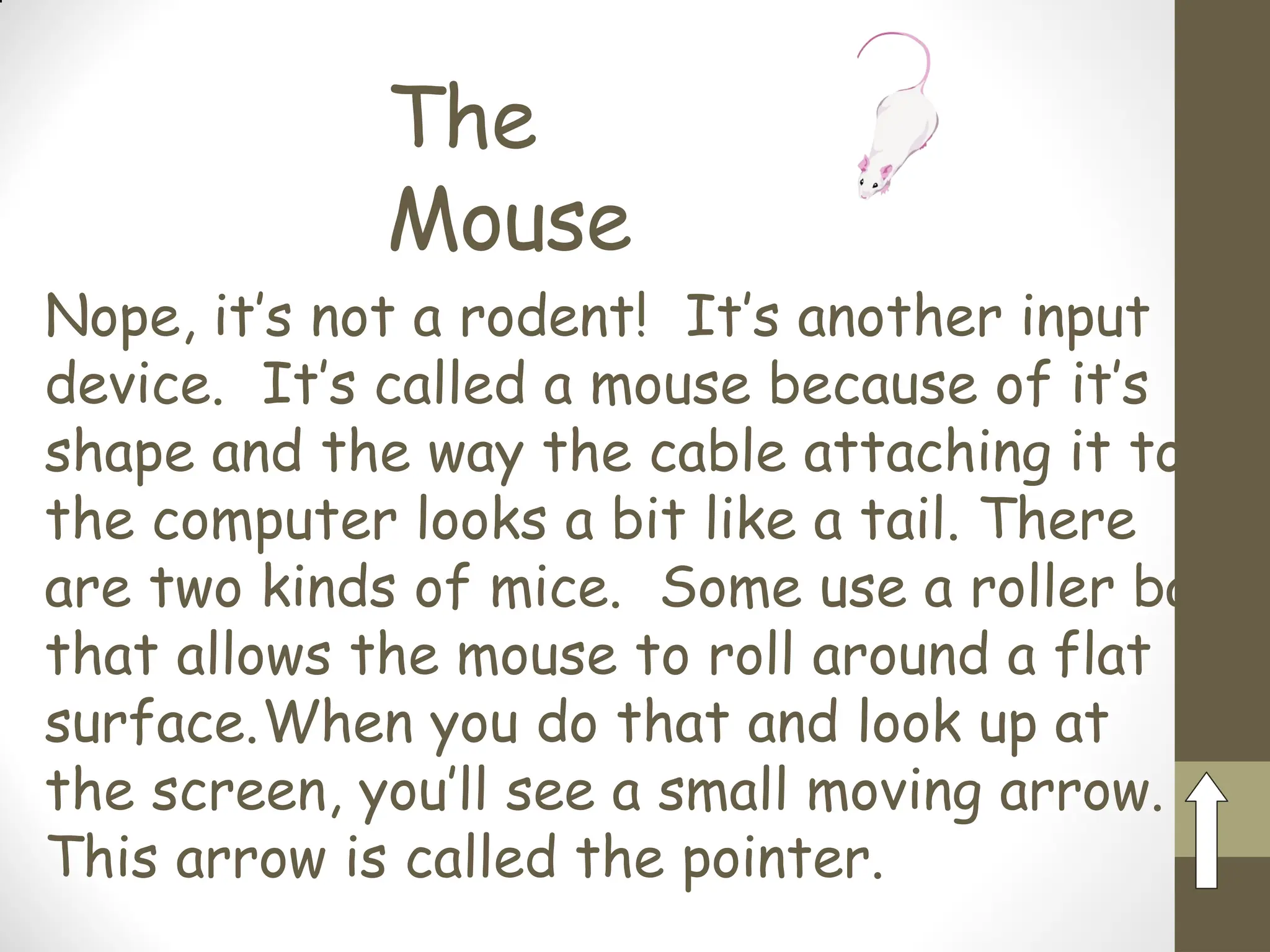 The
Mouse
Nope, it’s not a rodent! It’s another input
device. It’s called a mouse because of it’s
shape and the way the cable attaching it to
the computer looks a bit like a tail. There
are two kinds of mice. Some use a roller ball
that allows the mouse to roll around a flat
surface.When you do that and look up at
the screen, you’ll see a small moving arrow.
This arrow is called the pointer.
 