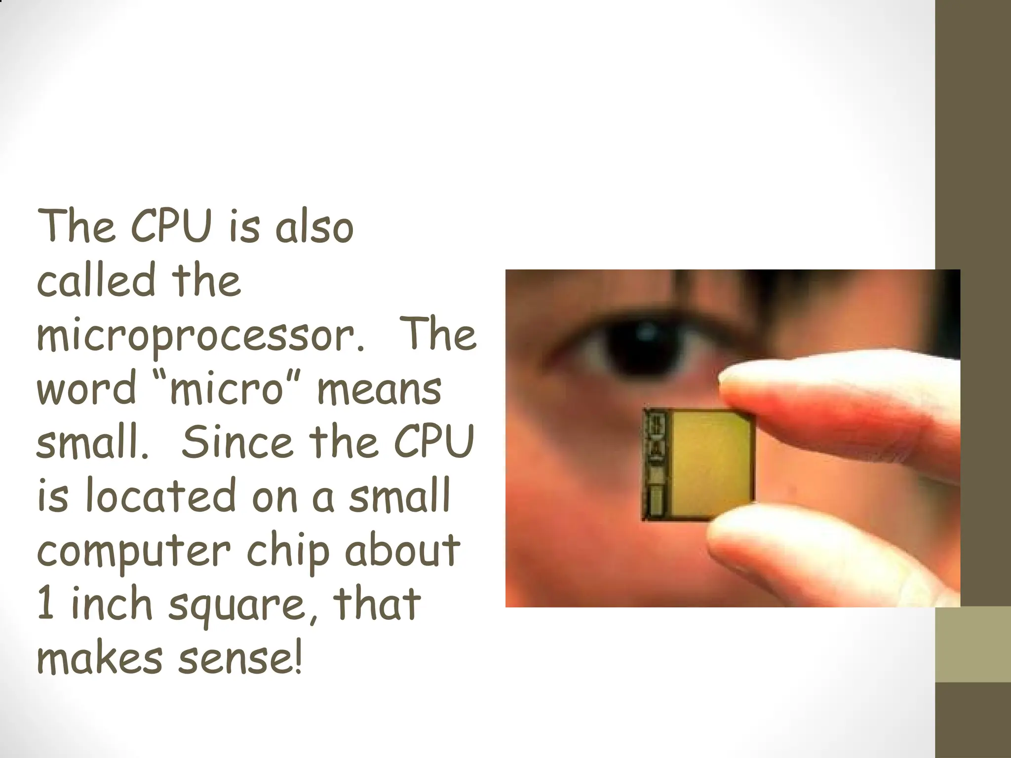 The CPU is also
called the
microprocessor. The
word “micro” means
small. Since the CPU
is located on a small
computer chip about
1 inch square, that
makes sense!
 
