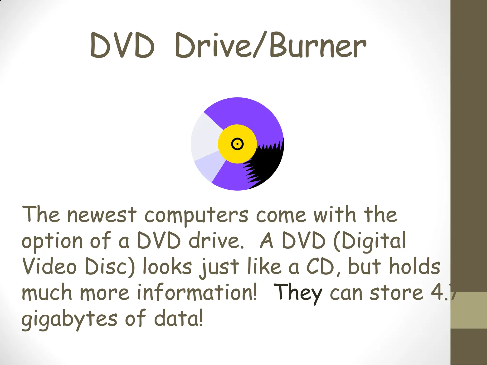 DVD Drive/Burner
The newest computers come with the
option of a DVD drive. A DVD (Digital
Video Disc) looks just like a CD, but holds
much more information! They can store 4.7
gigabytes of data!
 