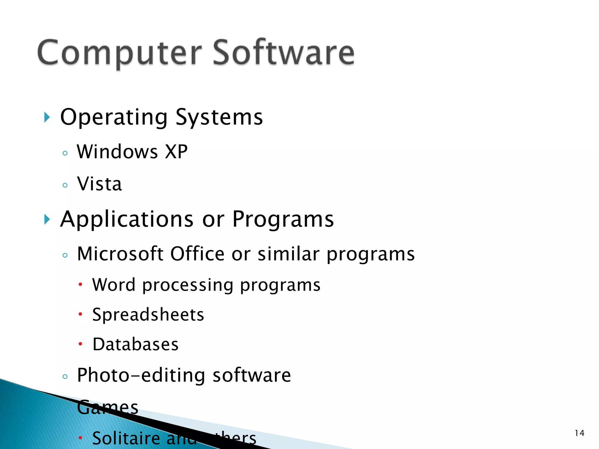 Operating Systems Windows XP Vista Applications or Programs Microsoft Office or similar programs Word processing programs Spreadsheets Databases Photo-editing software Games Solitaire and others 