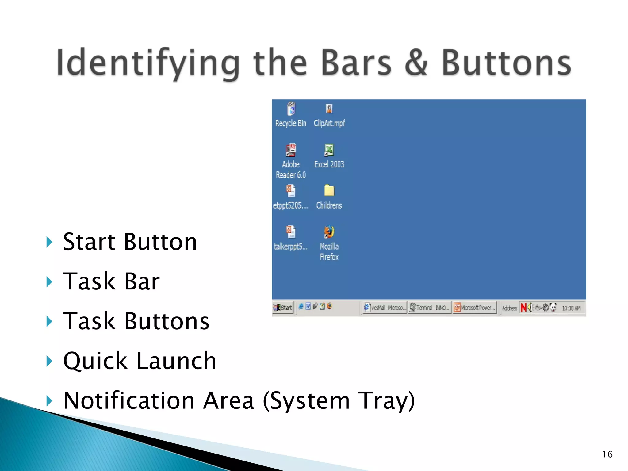 Start Button Task Bar Task Buttons Quick Launch Notification Area (System Tray) 