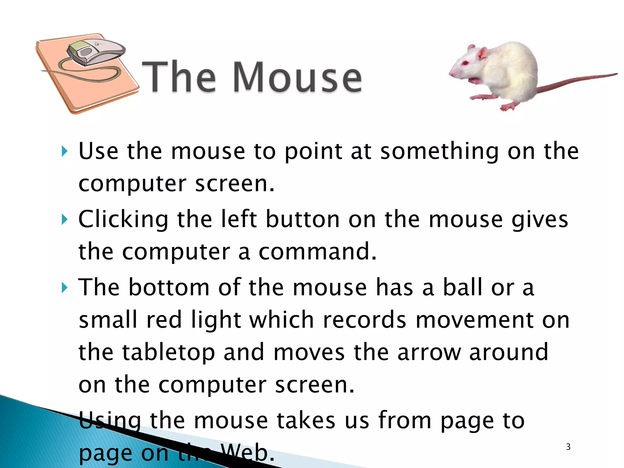 Use the mouse to point at something on the computer screen.  Clicking the left button on the mouse gives the computer a command.  The bottom of the mouse has a ball or a small red light which records movement on the tabletop and moves the arrow around on the computer screen.  Using the mouse takes us from page to page on the Web. 