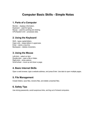 Comprehensive Guide to Basic Computer Skills and Internet Safety | PDF