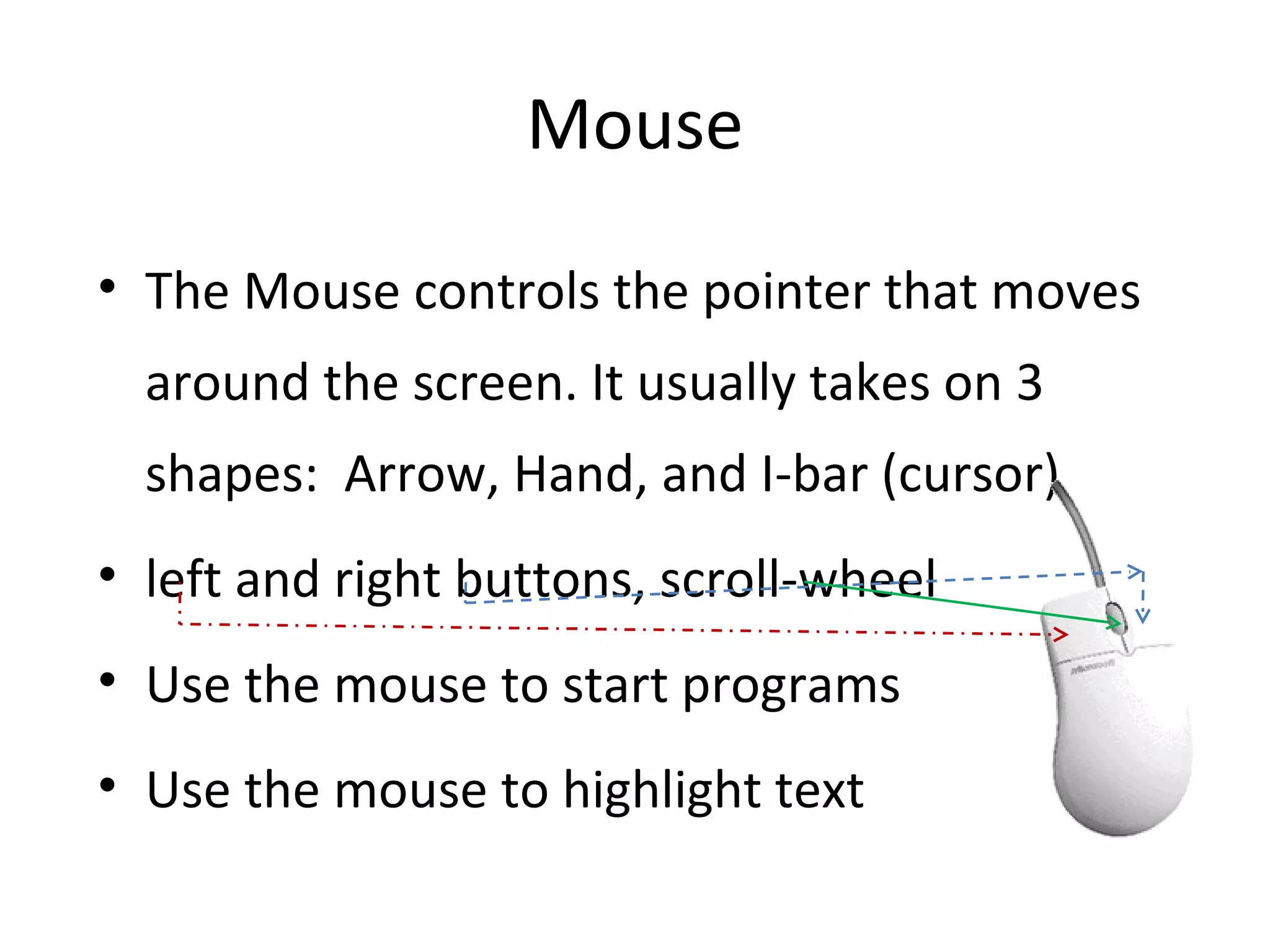 Mouse The Mouse controls the pointer that moves around the screen. It usually takes on 3 shapes:  Arrow, Hand, and I-bar (cursor) left and right buttons, scroll-wheel Use the mouse to start programs Use the mouse to highlight text 
