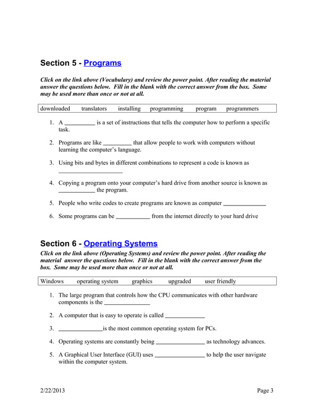 Computer basics worksheet | DOC | Operating Systems | Computer Software ...