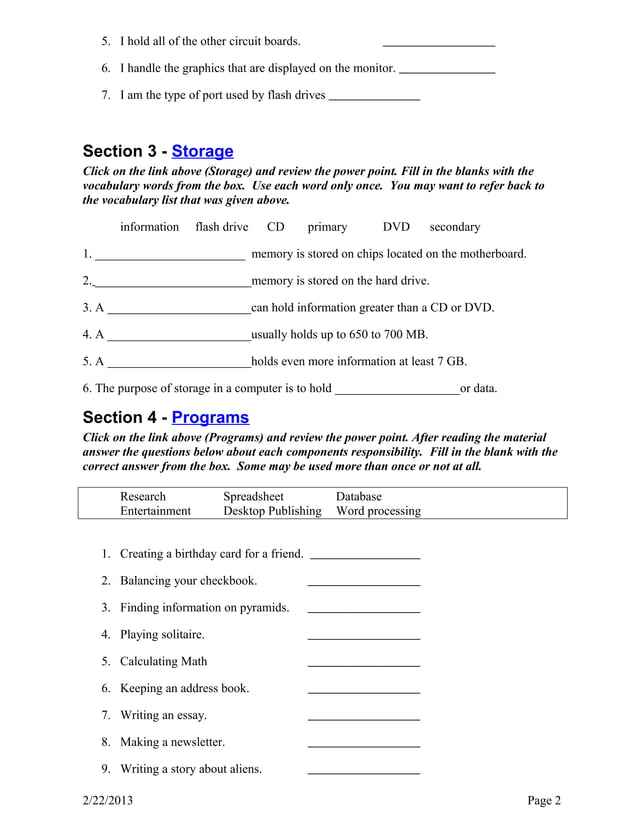 Computer basics worksheet