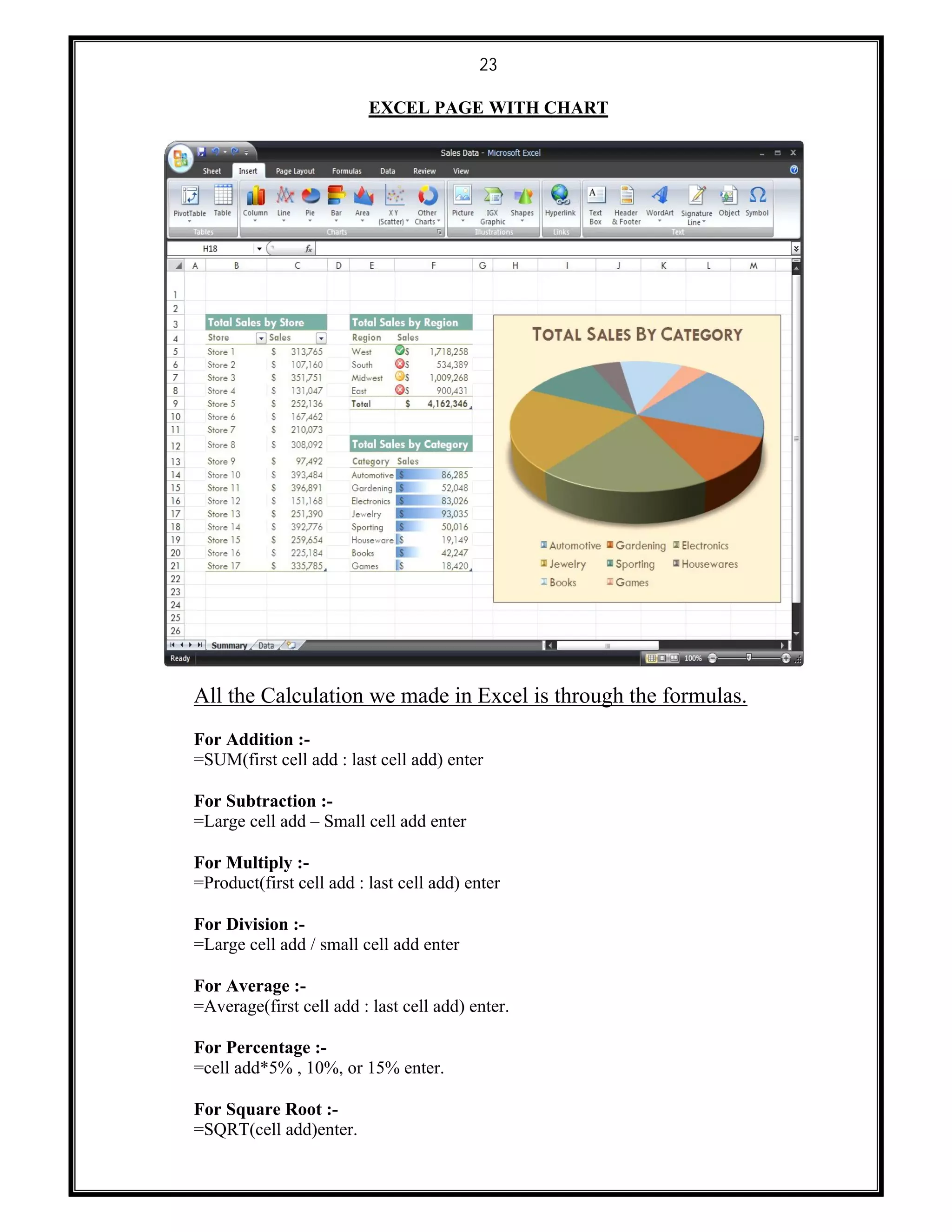 23
EXCEL PAGE WITH CHART
All the Calculation we made in Excel is through the formulas.
For Addition :-
=SUM(first cell add : last cell add) enter
For Subtraction :-
=Large cell add – Small cell add enter
For Multiply :-
=Product(first cell add : last cell add) enter
For Division :-
=Large cell add / small cell add enter
For Average :-
=Average(first cell add : last cell add) enter.
For Percentage :-
=cell add*5% , 10%, or 15% enter.
For Square Root :-
=SQRT(cell add)enter.
 