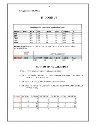 36
=vlookup(A6,salesTable,3,false)
H-LOOKUP
Sales Report by Month/Year with Product Name.
PRODUCT NAME RICE DAL PAPAD SWEETS MASALA OIL
JAN 123 324 232 323 424 134
FEB 146 333 235 330 458 154
MAR 152 357 276 348 425 132
APR 155 352 270 350 420 430
MAY 170 220 300 450 500 550
Formula=HLOOKUP(SELECT FIRST ONE PRODUCT,SELECT TOTAL TABLE AREA,
RAW NO,FALSE)
SALES
ITEM MONTHLY REPORT
PRODUCT RICE JANUARY FEBUARY MARCH APRIL MAY
123 146 152 155 170
HOW TO MAKE CALENDER
STEP 1: TYPE SUNDAY TO SATURDAY ROWWISE.
STEP 2: TYPE DATE 1 TO 7 (IF DATE START FROM TUESDAY THEN TYPE IN
SUNDAY-2 & -1 in MONDAY.
STEP 3: SELECT SPACE WHERE INSERT DATE FROM 1-31.
STEP 4: GO TO- HOME-FILL OPTION- SERIES-CLICK ON COLUMN & LINEAR-
TYPE 1-31-OK.
SUNDAY MONDAY TUESDAY WEDNESDAY THURSDAY FRIDAY SATURDAY
-2 -1 1 2 3 4 5
5 6 8 9 10 11 12
12 13 15 16 17 18 19
19 20 22 23 24 25 26
26 27 29 30 31
 