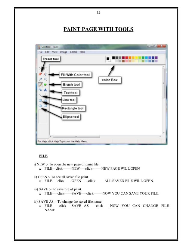 14
PAINT PAGE WITH TOOLS
FILE
i) NEW :- To open the new page of paint file.
 FILE––click–––––NEW–––click–––––NEW PAGE WIL...