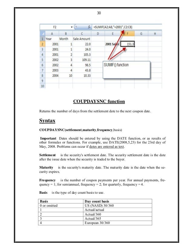 30
COUPDAYSNC function
Returns the number of days from the settlement date to the next coupon date.
Syntax
COUPDAYSNC(sett...