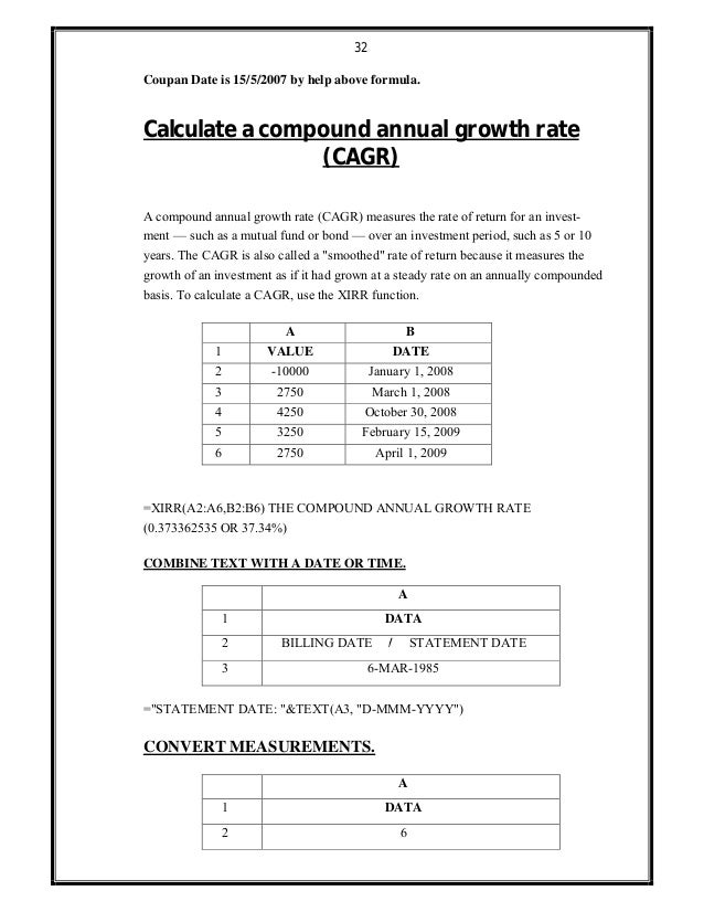 32
Coupan Date is 15/5/2007 by help above formula.
Calculate a compound annual growth rate
(CAGR)
A compound annual growth...