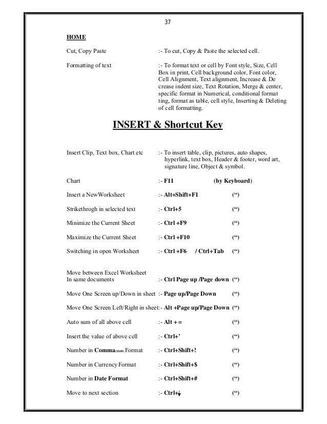 37
HOME
Cut, Copy Paste :- To cut, Copy & Paste the selected cell.
Formatting of text :- To format text or cell by Font st...