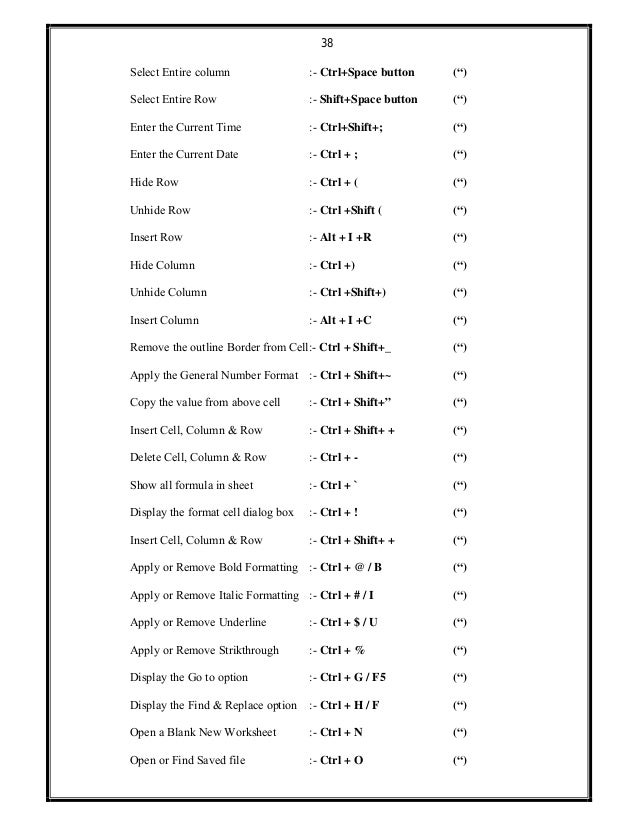 38
Select Entire column :- Ctrl+Space button (“)
Select Entire Row :- Shift+Space button (“)
Enter the Current Time :- Ctr...
