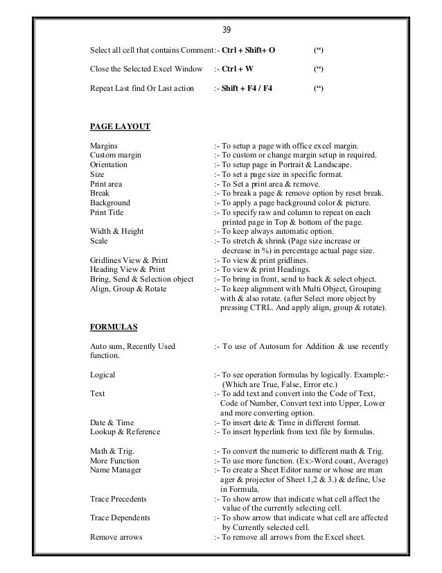 39
Select all cell that contains Comment:- Ctrl + Shift+ O (“)
Close the Selected Excel Window :- Ctrl + W (“)
Repeat Last...