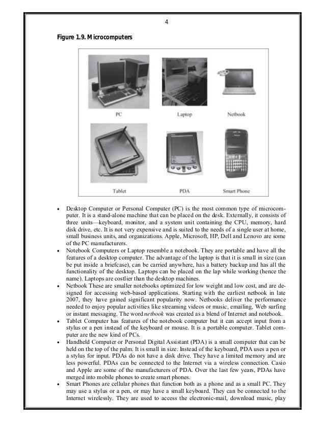 4
Figure 1.9. Microcomputers
 Desktop Computer or Personal Computer (PC) is the most common type of microcom-
puter. It i...