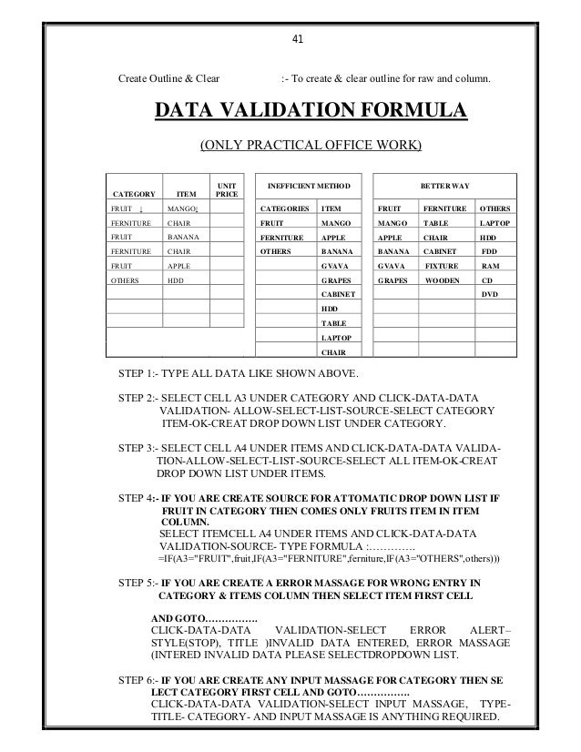 41
Create Outline & Clear :- To create & clear outline for raw and column.
DATA VALIDATION FORMULA
(ONLY PRACTICAL OFFICE ...